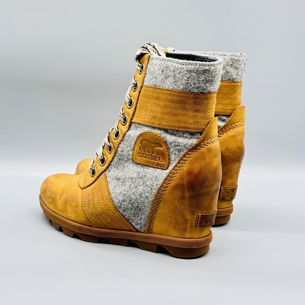 Sorel Boots Womens 7.5 Brown Gray Leather Lexie Lace Up Wedge Round Toe Booties - Picture 6 of 13